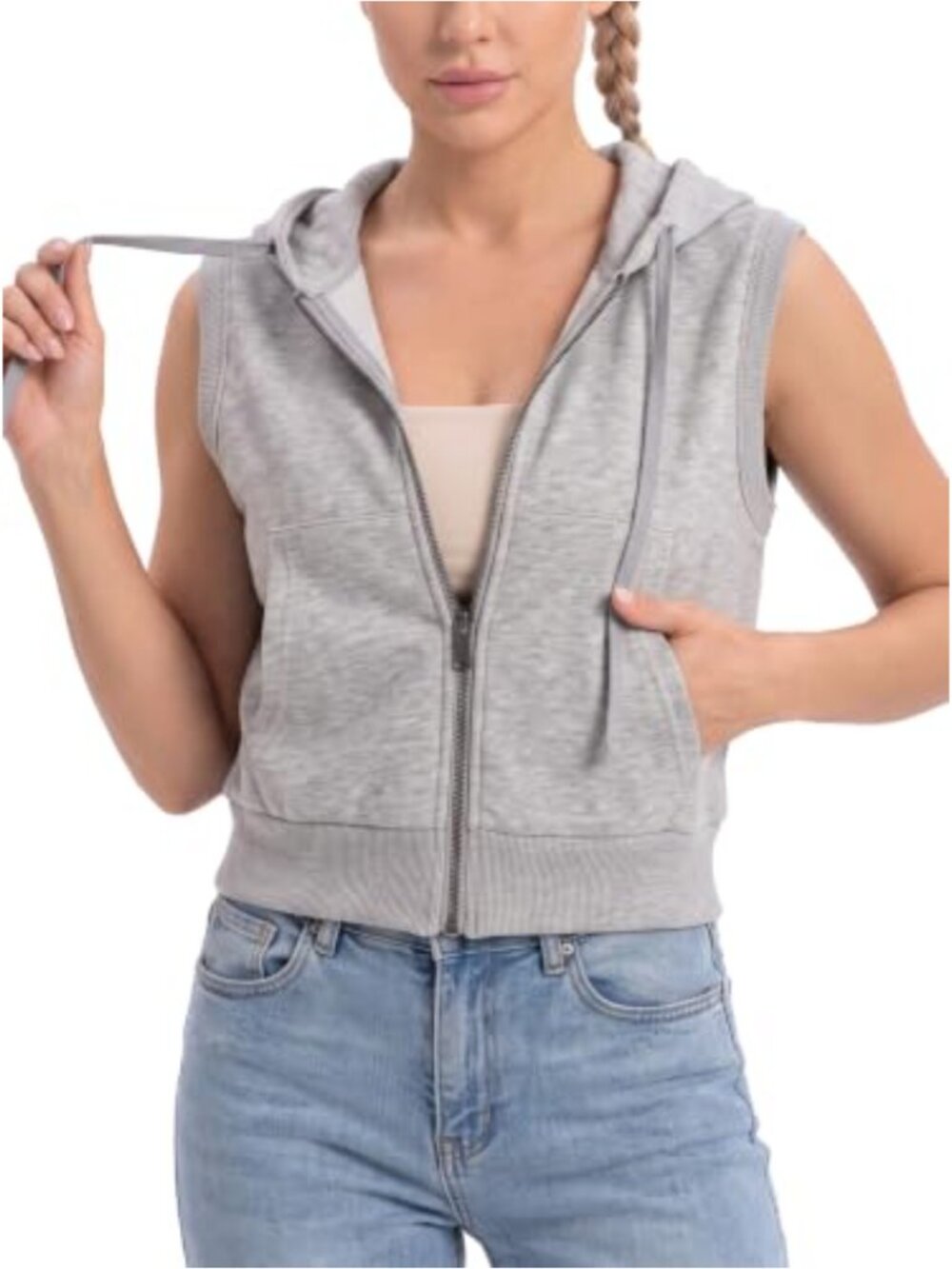 Sleeveless Cropped Full Zip Hooded Sweatshirt Vest with Pockets